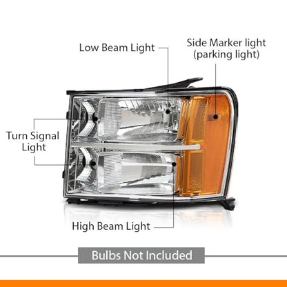 G-PLUS Tube Projector Headlights Assembly Fit GMC Sierra 1500 2500 HD 3500 HD 2007 2008 2009 2010 2011 2012 2013 2014 Headlamps Left & Right Clear Lens Chrome Housing Amber Reflector,faros delanteros - size: [Chrome] 2007-2014 Sierra