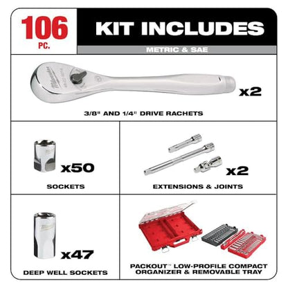 Milwaukee Electric - 1/4-3/8 106PC Rat. and Socket Set in PKOUT SAE-MM