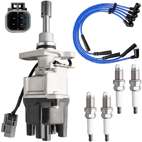 Ignition Distributor w/Cap & Rotor and 4 Iridium Spark Plugs with Wire Set Tune Up Kit 22100-40F00 84-1024 D4P8703 Compatible with Nissan 240SX 1989-1990 D21 1990-1994 Pickup 1995-1996 - size: 84-1024