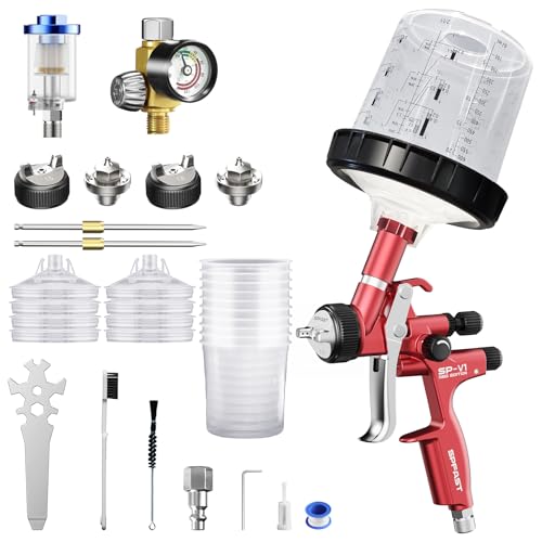 SP-V1 HVLP Air Spray Gun Kit with 20 Oz Disposable Paint Cups, 1.3/1.5/1.8mm Nozzle Automotive Paint Gun, House & Car Paint Sprayer for Furniture, Base & Top Coating, Low Overspray