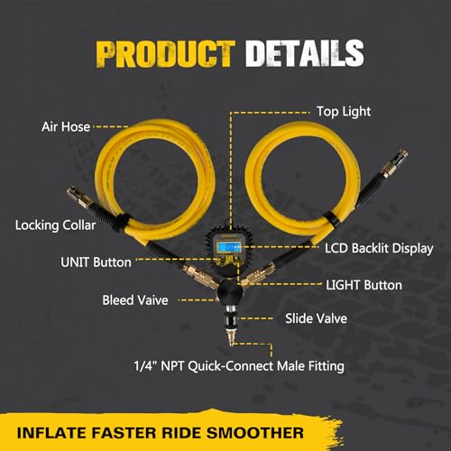 BUNKER INDUST 2 Tire Inflation Deflation System, Rapid High-Flow Air Up Down Kit with Digital Tire Pressure Gauge, 2 Wheels Off Road Tire Deflator Inflate-Up to 200" Wheelbase