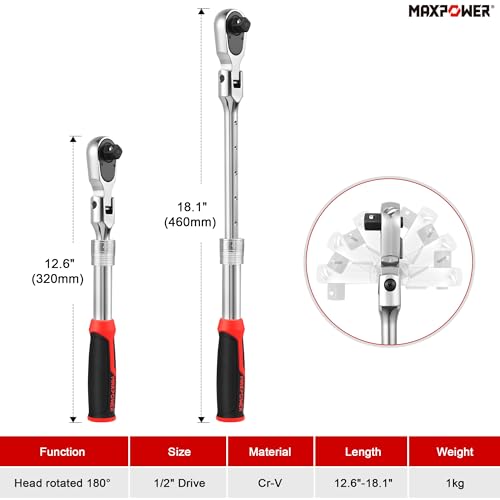 MAXPOWER 1/2" Drive Flex Head Ratchet, Extendable 12.6"-18.1", Soft Grip - size: 1/2"