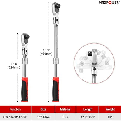 MAXPOWER 1/2" Drive Flex Head Ratchet, Extendable 12.6"-18.1", Soft Grip - size: 1/2"