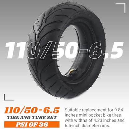 (1 Set) Universal Replacement Rear 110/50-6.5 Tire and Tube Set - Fits Most 38cc, 47cc, and 49cc Mini Pocket Bikes - Compatible with MTA1/MTA2, GP-RSR, and More - Angled Valve Stem for Easy Inflation - size: 110/50-6.5, TR-87 (1-Set)