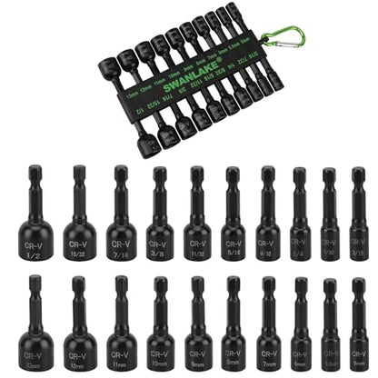 20-Piece Magnetic Nut Driver Set, Metric & SAE 1/4" Hex Shank, Drill Socket Set, Impact Driver Bit Set, Magnetic Bit Holder with Aluminum Alloy Snap Clip, Quick Change Tool - color: 20pcs 48mm Black