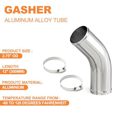 GASHER 1PCS 45 Degree Elbow Aluminum Alloy Tube Intercooler Pipe Air Intake Tube 2.75"OD, Leg Length 12" (300mm) with Bead Roll - color: 45 degree（With Clamps）, size: 2.75"OD (1 PC)