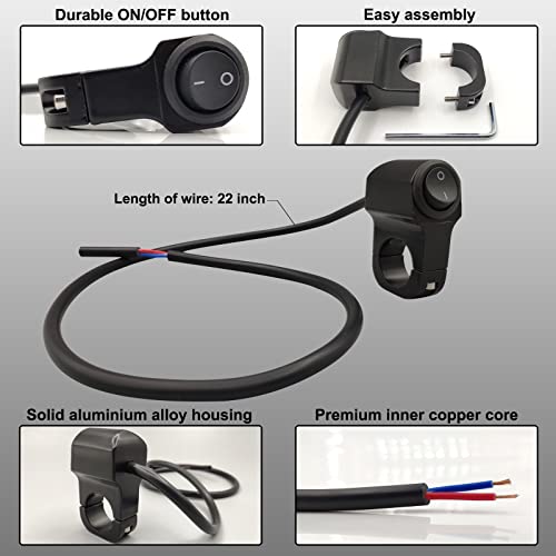 Handlebar Switch 7/8" for Motorcycle, 12V ON-Off Light Switch with Black Push Button and Solid Aluminium Alloy Base, ATV Handlebar Control for Dirt Bikes, Pack of 2pcs