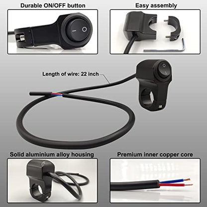 Handlebar Switch 7/8" for Motorcycle, 12V ON-Off Light Switch with Black Push Button and Solid Aluminium Alloy Base, ATV Handlebar Control for Dirt Bikes, Pack of 2pcs