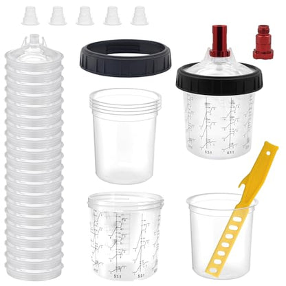 Disposable Paint Cup 20 Ounce (600 ml) Kit - 20 Paint Mixing Cups Liner, 20 Filter Lids, 2 Spray Gun Adapters, 5 Sealing Plugs, 1 Hard Cup，1 Sealing Ring, 1 Stirrer, for Car & DIY Painting