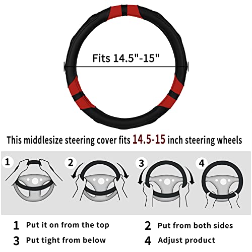 Achiou Steering Wheel Cover 15in Microfiber Leather Anti-Slip Universal - color: Black + Red