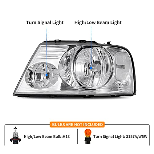 DWVO Headlight Assembly Compatible with 2004-2008 Ford F150 Pickup 06-08 Lincoln Mark LT Passenger and Driver side Chrome Housing Clear Reflector Clear Lens - color: A Chrome Housing Clear Reflector Clear Lens, size: OE Replacement