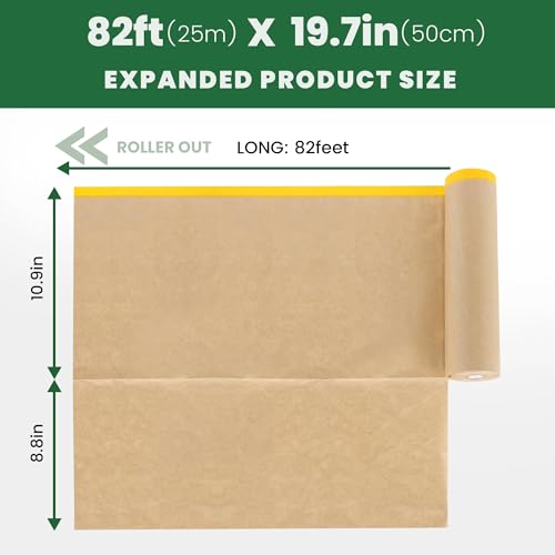 Voomey Pre-Taped Masking Paper for Painting - 20 inch x 82 feet Tape and Drape Painters Paper, Paint Adhesive Protective Paper Roll for Covering Skirting, Frames, Cars and DIY Projects - size: 500mm*25m, style: Standard Roll