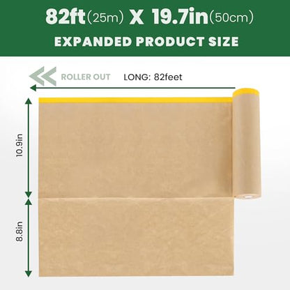 Voomey Pre-Taped Masking Paper for Painting - 20 inch x 82 feet Tape and Drape Painters Paper, Paint Adhesive Protective Paper Roll for Covering Skirting, Frames, Cars and DIY Projects - size: 500mm*25m, style: Standard Roll