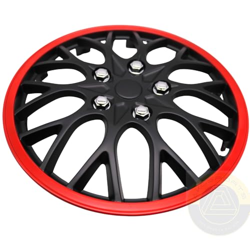 Akcsport Premium Hubcaps Wheel Covers for Toyota Nissan Kia Volkswagon 15 inch to 17 inch (Black Star Red Lip, 15 Inch) - size: 15 Inch, style: Black star Red Lip