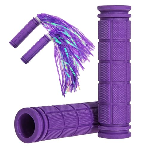Bike Handlebar Grips with Tassel for Girls Boys and Kids - color: Purple & Streamers