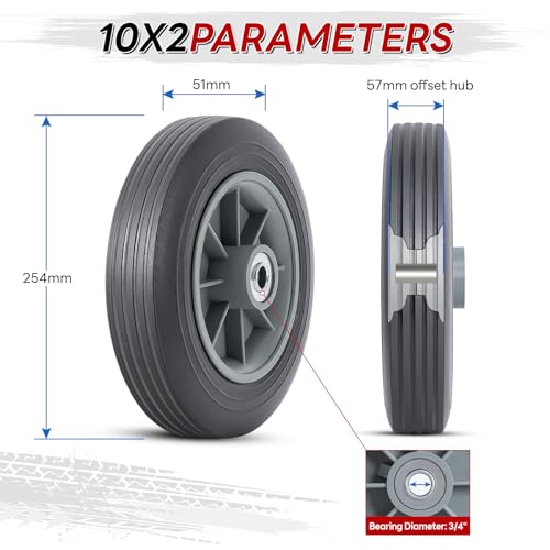 2 Pcs 10 inch Solid Rubber Tires, 10" x 2" Flat Free Tire and Wheel