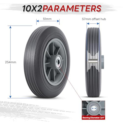 2 Pcs 10 inch Solid Rubber Tires, 10" x 2" Flat Free Tire and Wheel