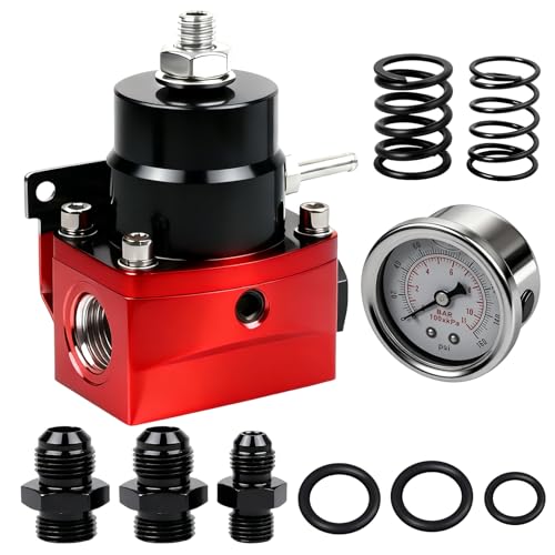 EFI Fuel Pressure Regulator Kit 3-70psi with Gauge Springs Universal Adjustable Aluminum 8AN Feed to 6AN Return (Black+Red) - color: black+red