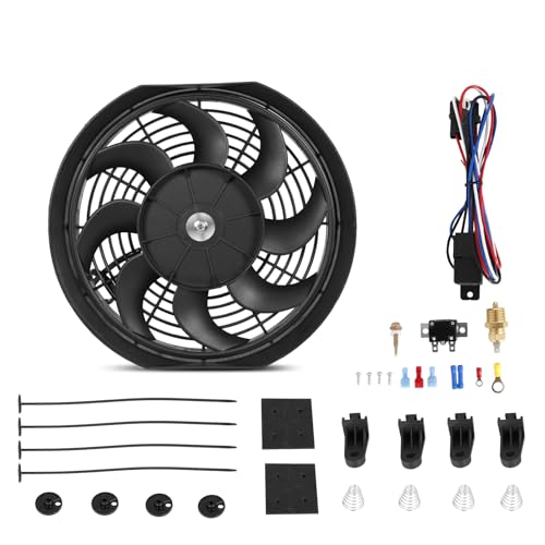 Universal 12-Inch Slim Electric Radiator Cooling Fan Kit – 12V 80W Push/Pull with Thermostat, Relay, Wiring Harness & Mounting Kit, Universal Fit – Black - size: 12 inch