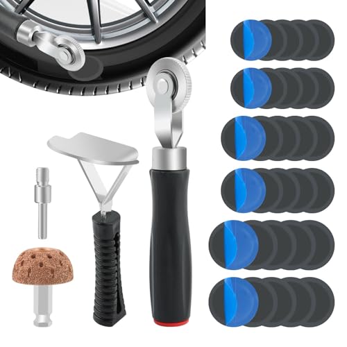 33Pcs Tire Repair Patch Tools Tire Patch Kit, Tires Patchs Roller Kit, Tires Repair Tool for Car Grinding, Repairs Buffing Wheel/Inner Liner Scraper/30PCS Tire Patches(32/45/ 55mm)
