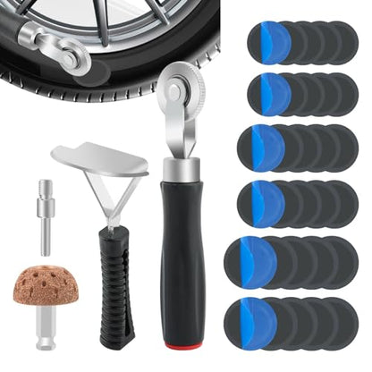 33Pcs Tire Repair Patch Tools Tire Patch Kit, Tires Patchs Roller Kit, Tires Repair Tool for Car Grinding, Repairs Buffing Wheel/Inner Liner Scraper/30PCS Tire Patches(32/45/ 55mm)