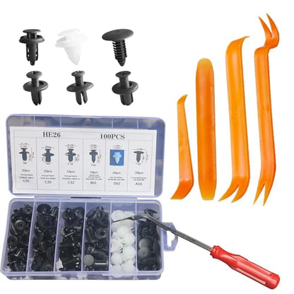 100PCS Universal Car Bumper Clips, Plastic Push Pin Rivets Set with Storage Box, 6 Most Popular Sizes with 5 Fastener Removers, Fits Most Car Models, Ideal for Body Fixing & Replacement