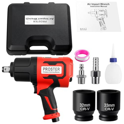 Proster 3/4" Air Impact Wrench 2000Ft-Lbs Torque 7000RPM w/ 32/33mm Sockets - size: 3/4 Inch