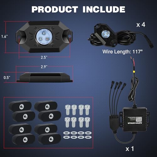 Nilight RGB LED Rock Lights Kit 4PCS Bluetooth App Control Multicolor - color: RGB 3LED w/Magnetic base, size: 4 Pods