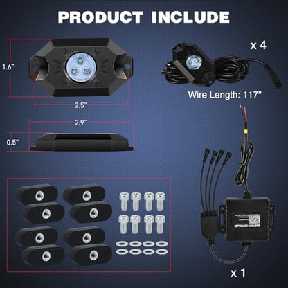 Nilight RGB LED Rock Lights Kit 4PCS Bluetooth App Control Multicolor - color: RGB 3LED w/Magnetic base, size: 4 Pods