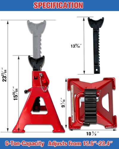 6 Ton Jack Stands (13,200Lbs) - Heavy Duty Car Jack Stand with Double Pin Locking, Adjustable 15.6"-23.4" Height, Extra Rubber Pads for Trucks, Garage, Home,DIY Use - 1 Pair Red