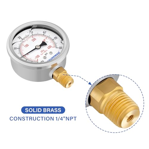 MEASUREMAN 2-1/2" Dial Size, Glycerin Filled Pressure Gauge, 30inHG-60psi, 304 Stainless Steel Case, 1/4" NPT Lower Mount - size: -14.7-60 psi, style: Lower Mount