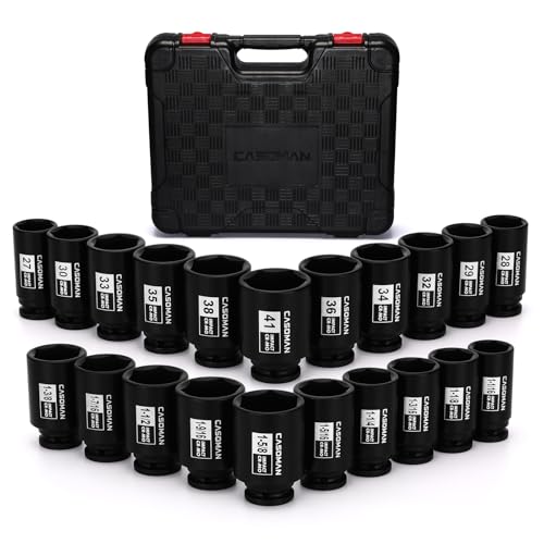 CASOMAN 1/2” Drive Deep Big Impact Socket Set, 21 - Piece Large Spindle Axle Nut Impact Wrench Socket Set, 6 Point, CR-MO, Metric & SAE, 27mm - 41mm, 1-1/16" - 1-5/8"