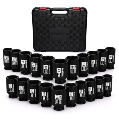 CASOMAN 1/2” Drive Deep Big Impact Socket Set, 21 - Piece Large Spindle Axle Nut Impact Wrench Socket Set, 6 Point, CR-MO, Metric & SAE, 27mm - 41mm, 1-1/16" - 1-5/8"