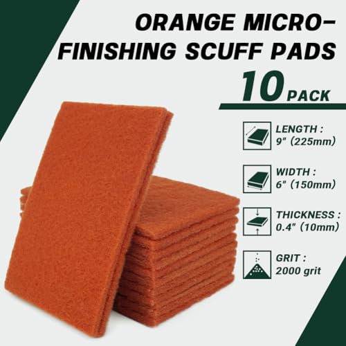 6" x 9" Orange Micro-Finishing Scuff Pads, 10 Pack – Non-Woven Hand Pads for Paint Correction, Surface Leveling, Scouring & Pre-Polish Prep – Reusable Aluminum Oxide Abrasive Pads - color: Orange