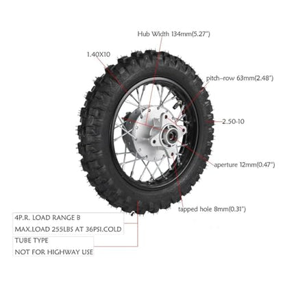 10" Rear Wheel 2.50-10 Tire Rim Drum Brake with 420 Sprocket 37T for CRF50 TTR50 XR50 Dirt Bike