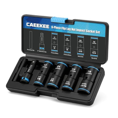 1/2" Drive Flip Lug Nut Impact Socket Set, 6PCS Dual-End Thin Wall Socket, Metric & SAE, 17, 19, 21, 22, 3/4", 13/16", 7/8", 15/16", CR-MO Steel, Includes 3" Extension Bar & Knockout Bar - size: 6PCS Standard Metric & SAE