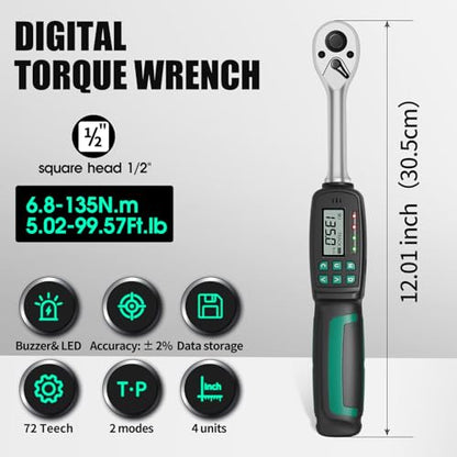 1/2" Digital Torque Wrench 2.9-99.6 ft-lb/4-135 Nm, ±2% Accuracy, LED & Buzzer Alerts, 4 Units, Industrial CR-V Steel, Calibration Report & Protective Case for Car, Motorcycle, Bike Repair - size: 1/2", 2.9-99.6 ft-lb (4-135 Nm)