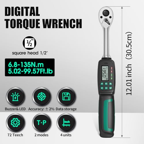 1/2" Digital Torque Wrench 2.9-99.6 ft-lb/4-135 Nm, ±2% Accuracy, LED & Buzzer Alerts, 4 Units, Industrial CR-V Steel, Calibration Report & Protective Case for Car, Motorcycle, Bike Repair - size: 1/2", 2.9-99.6 ft-lb (4-135 Nm)