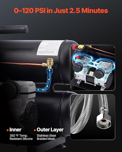 VEVOR Air Compressor, 4.6 Gallon Steel Tank, 1HP 2.2CFM@90 PSI Oil Free Air Compressor & Max 120PSI Pressure, 80dB Ultra Quiet Portable Compressor for Auto Repair, Tire Inflation, Spray Painting, 120V - size: 4.6 Gallon