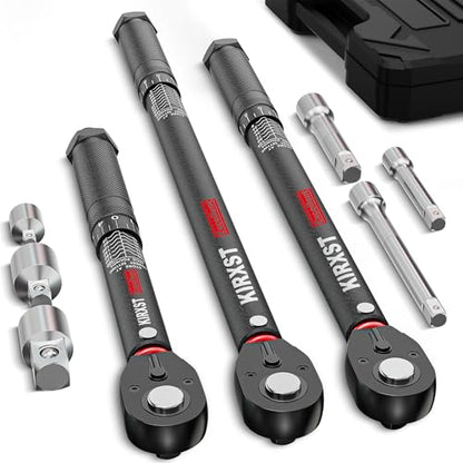 9PCS 1/4" 3/8" 1/2" Drive Click Torque Wrench, 72 Teeth Dual-Direction Adjustable, ±3% Accuracy Click Torque Wrench Set for Car, Motorcycle Maintenance - size: 9pcs