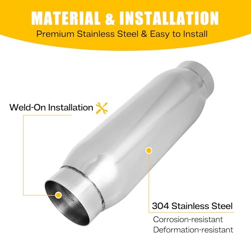 2.25" Universal Resonator, Straight Through Performance Muffler, 13" Overall Length, 304 Stainless Steel Welded On Resonator Muffler, Polished - size: 2.25" Inlet 13" Overall Length