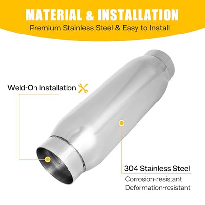 3" Universal Resonator, Straight Through Performance Muffler, 13" Overall Length, 304 Stainless Steel Welded On Resonator Muffler, Polished - size: 3" Inlet 13" Overall Length