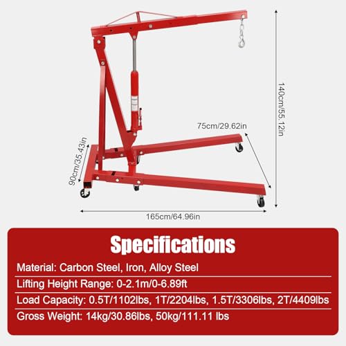 2 Ton Folding Hydraulic Engine Hoist Crane Hoist Lift, Cherry Picker Shop Crane Hoist Lift, 4409lb Engine Hoist, Heavy Duty Folding Shop Crane with 6 Casters (Sent in 2 Packages, Red)