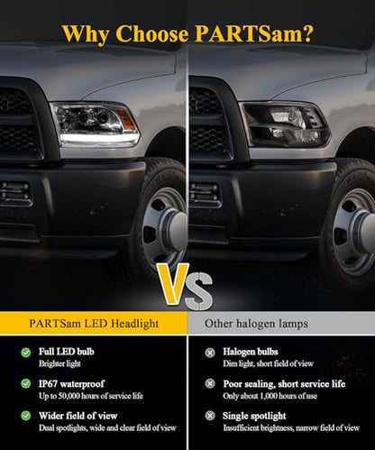 Partsam Full LED Chrome Headlights Assembly Compatible with 2009-2018 Ram 1500 2500 3500, DOT Approved Dual Projector Lens with Start Animation DRL Sequential Turn Signal Hi/Low Beam 6500K IP67 - color: Chrome
