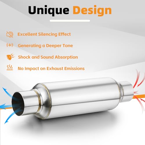 A-KARCK 2.5" Inlet Resonator, Exhaust Resonator Muffler Stainless Steel Polished 2.5" Inlet 2.5" Outlet 16" Overall Length Straight Through Design 2 Pack - size: 2.5" Inlet/Outlet 16" Long - Polished - 2 Pack