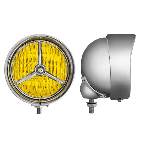 FATECIM 4.5” Motorcycle H3 LED Fog Lights Passing Lamps Driving Auxiliary Lights Spotlights + Housing Bucket with Tri Bar Visor for Harley Honda Kawasaki Suzuki Yamaha Cruiser Chopper Bobber Chrome - color: Chrome / Amber Lens