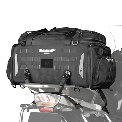 Rhinowalk Motorcycle Tail Bag Expandable Motorcycle Travel Luggage Waterproof 70L with MOLLE System Trunk Rack Bag with Sissy Bar Straps-Black - size: Black 50-70L