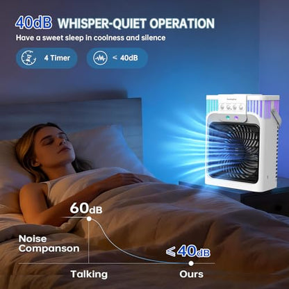 Portable Air Conditioners, 4 in 1 Cooling Fan with 3 Speeds & 3 Mist Modes,1200ml Water Tank, 2-8H Timer, Remote Control, 7 Color Night Light, Quiet Small Air Cooler for Bedrooms Office Car