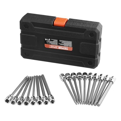 VEVOR Extra Long Allen Hex Bit Socket Set, 18-Piece 3/8 inch Drive, S2 Alloy Steel and Cr-V Steel, Standard SAE and Metric 1/8-Inch-3/8-Inch, 3-12mm, with Enhanced Storage Case, for Mechanics - size: 18 PCS
