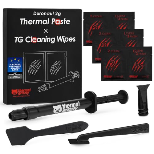 Thermal Grizzly - Duronaut - Enhanced Durability & High Performance Thermal Paste - for Maximum Conductivity While Overclocking CPU/GPU/PS4/PS5/Xbox with 12 Cleaning Wipes 6 Wet & 6 Dry (2g + Wipes)